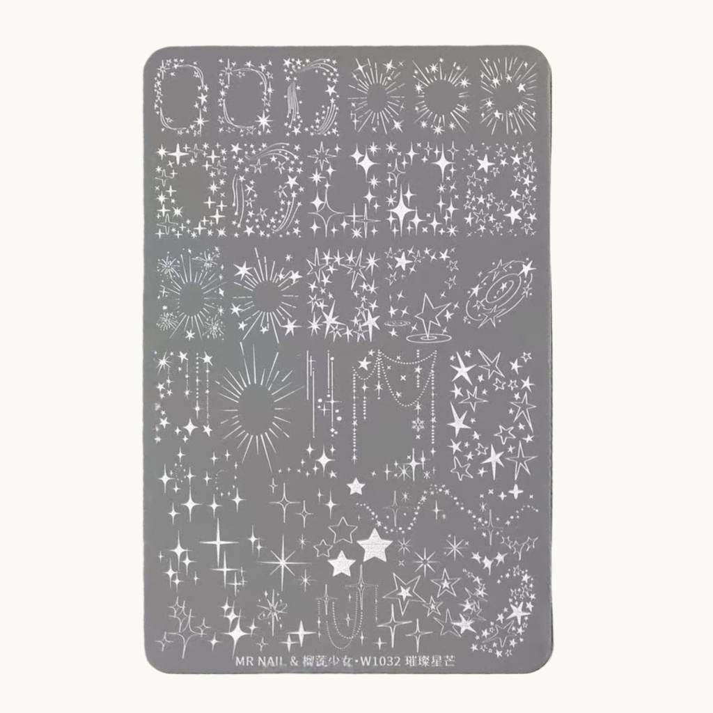MR NAIL W1032 celestial star burst nail stamping plate with galaxy, sparkles and constellation designs