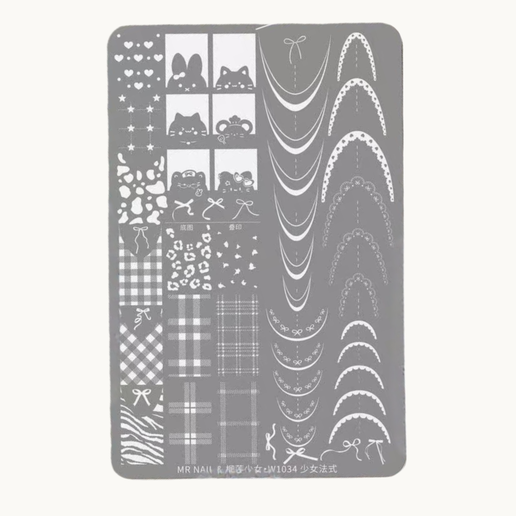 MR NAIL W1034 French Girl Style nail stamping plate with lace curves, bows, gingham and cute character patterns.