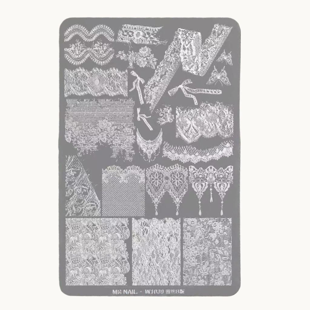 MR NAIL W1039 lace stamping plate with intricate lace and floral engraving designs