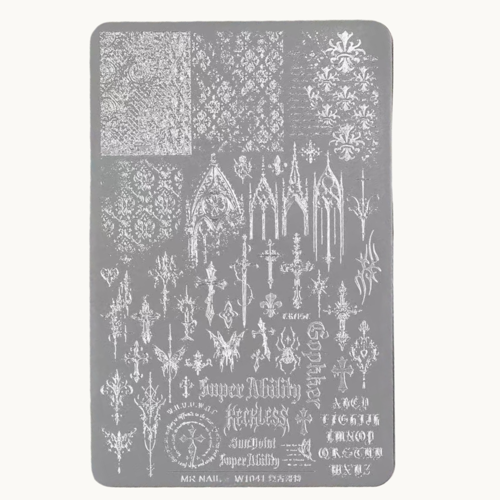 MR NAIL W1041 Gothic Vintage stamping plate with cathedral and cross patterns
