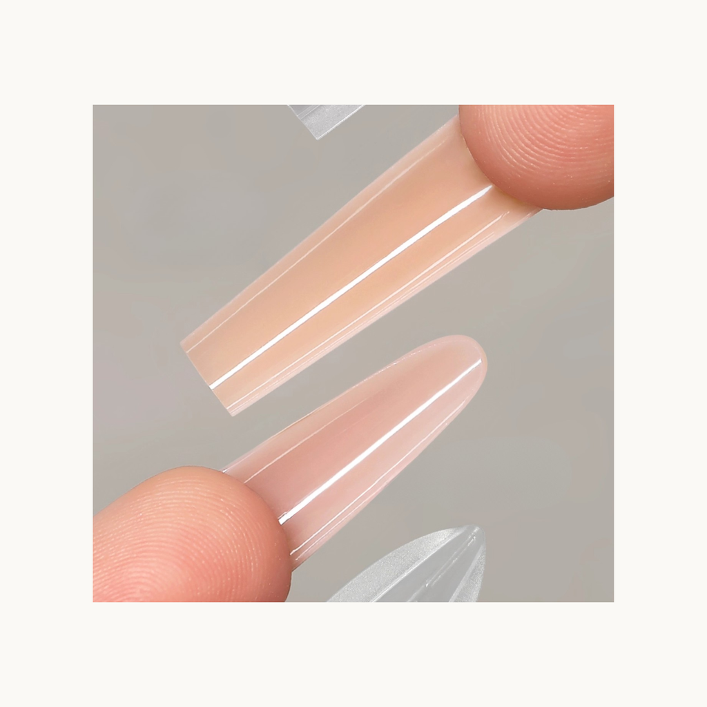 Finished gel extension result using Mr Nail W555 long coffin dual nail forms showing smooth underside