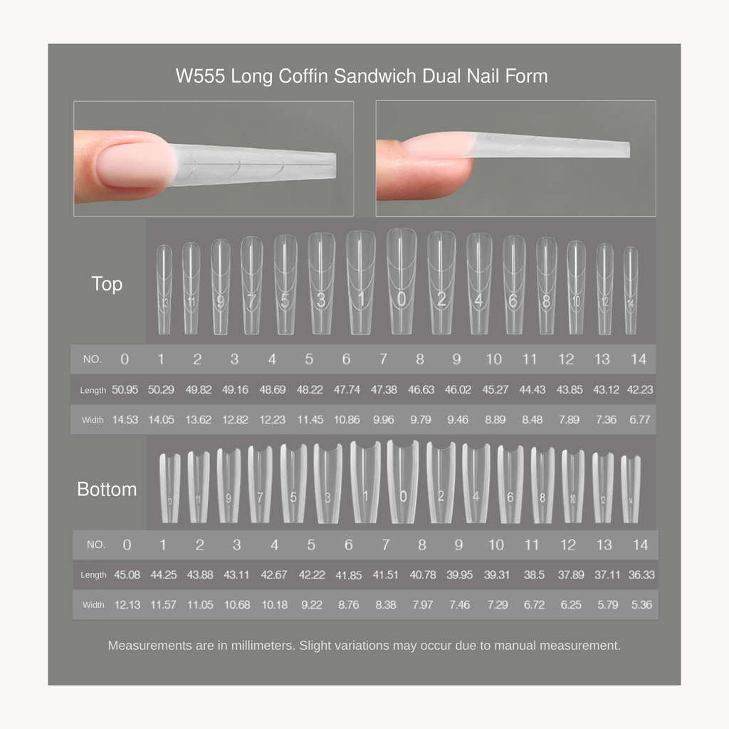 Size chart for Mr Nail W555 long coffin sandwich dual nail forms including top and bottom mold measurements