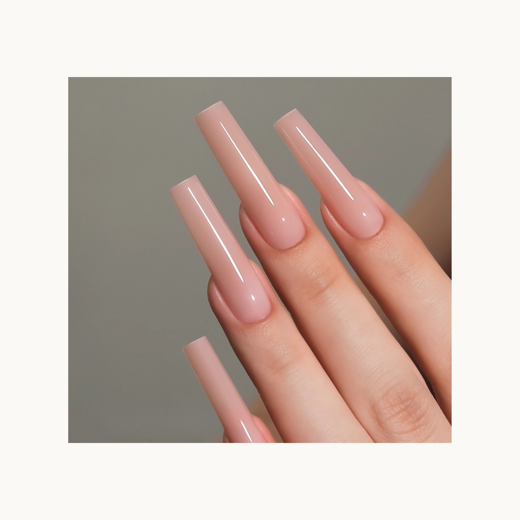 Finished long coffin nail extension created with Mr Nail W555 sandwich dual nail forms