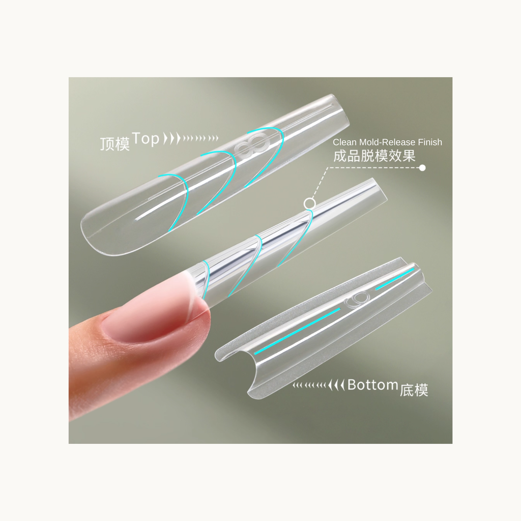 Top and bottom mold structure of Mr Nail W555 long coffin sandwich dual nail forms showing clean mold-release finish