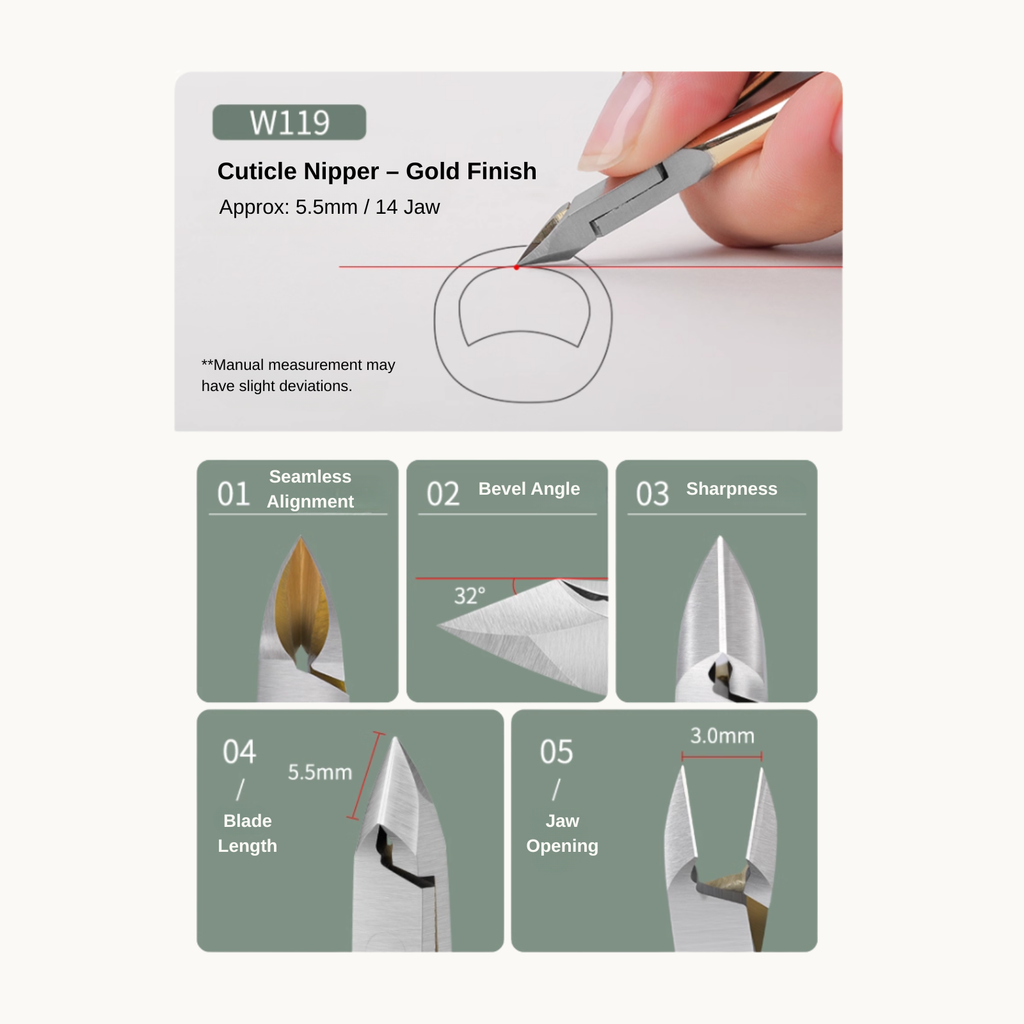 MR NAIL W119 cuticle nipper specifications showing seamless alignment, 32° bevel angle, sharp blades and 5.5mm jaw size