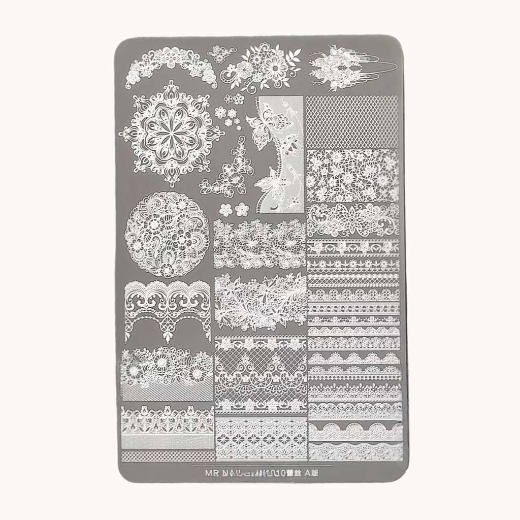 MR NAIL W1008 lace nail stamping plate A version showing detailed floral and lace engraving designs for professional nail art