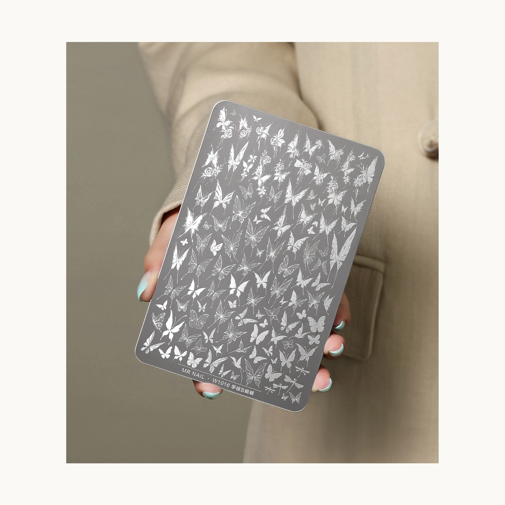 MR NAIL W1016 butterfly nail stamping plate full engraving view with assorted hand-drawn butterfly designs