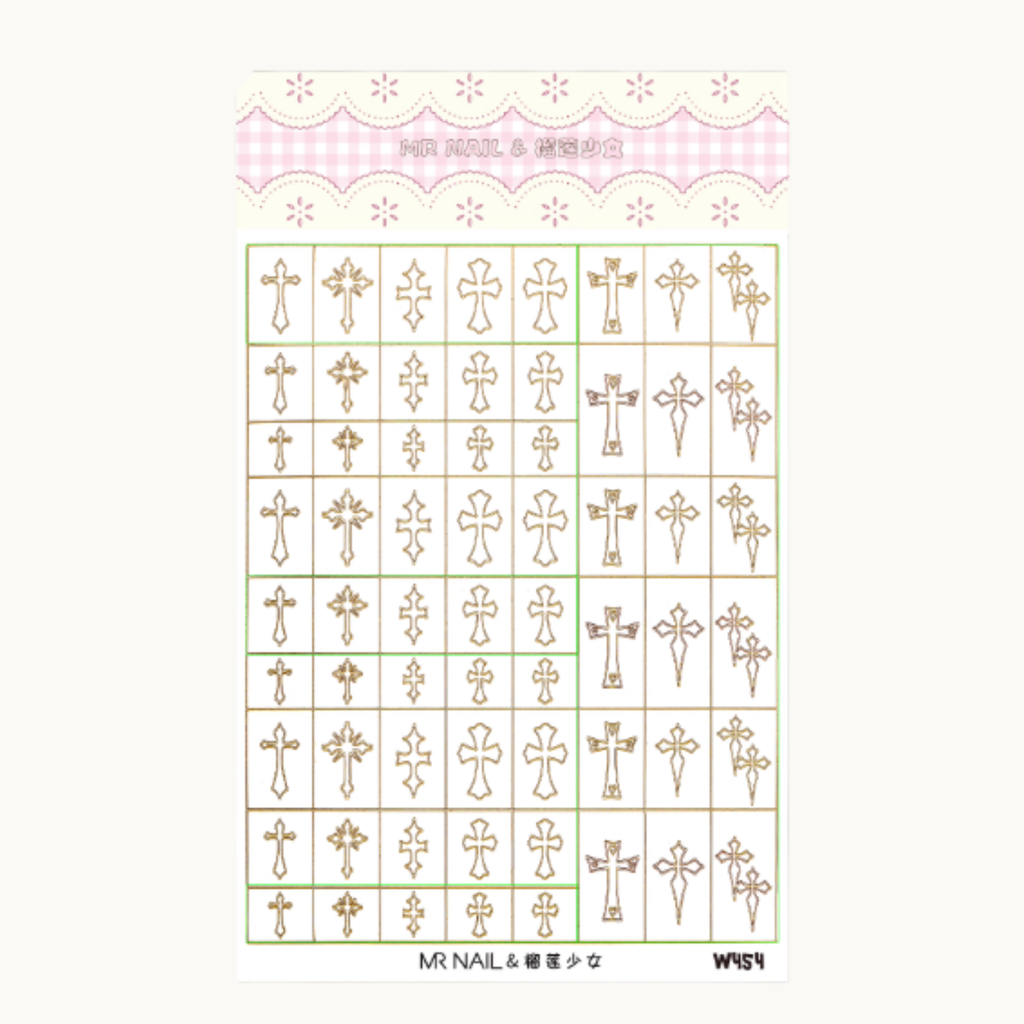 MR NAIL W454 cross cutout tap sticker sheet featuring multiple cross designs in various sizes