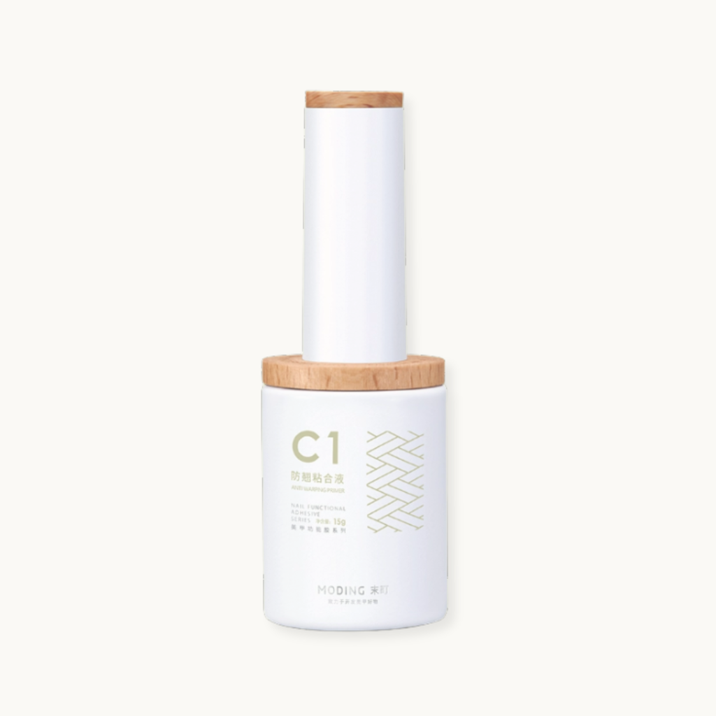 Moding C01 Anti warping Primer nail gel bottle with wooden cap on white background