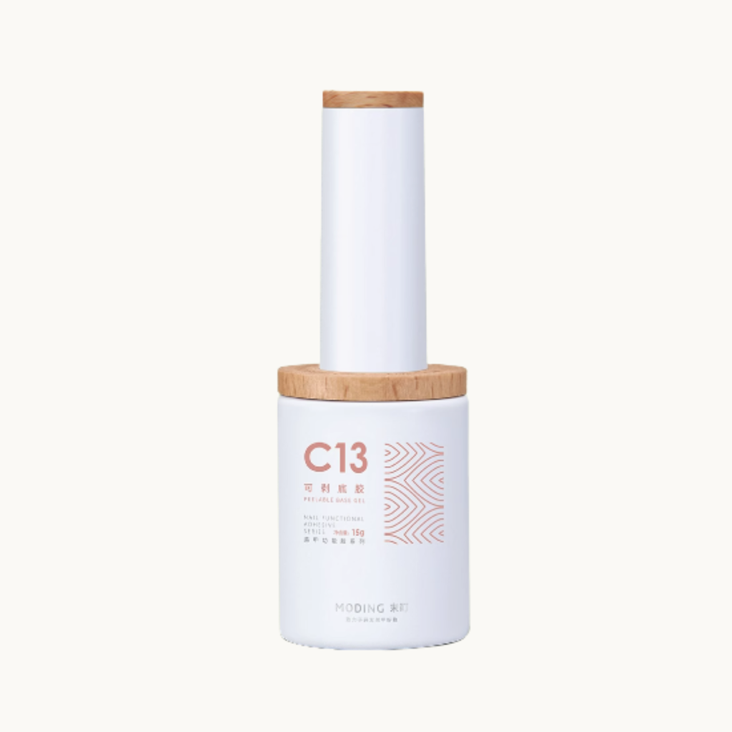 moding c13 peel-off base nail gel bottle with wooden cap on white background