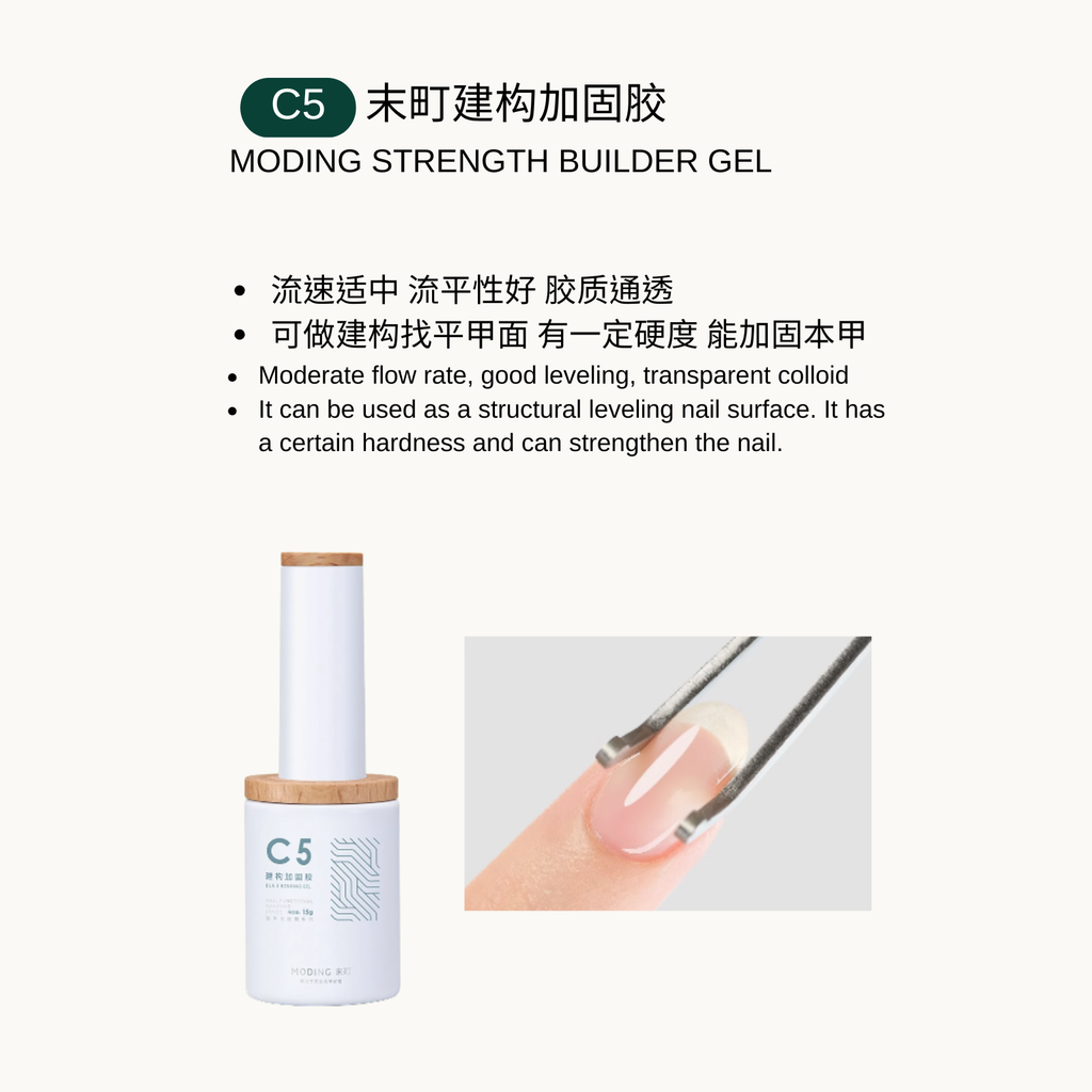 Moding C5 Strength Builder Gel — clear builder gel with moderate flow, smooth leveling, and added hardness to strengthen and reinforce natural nails.