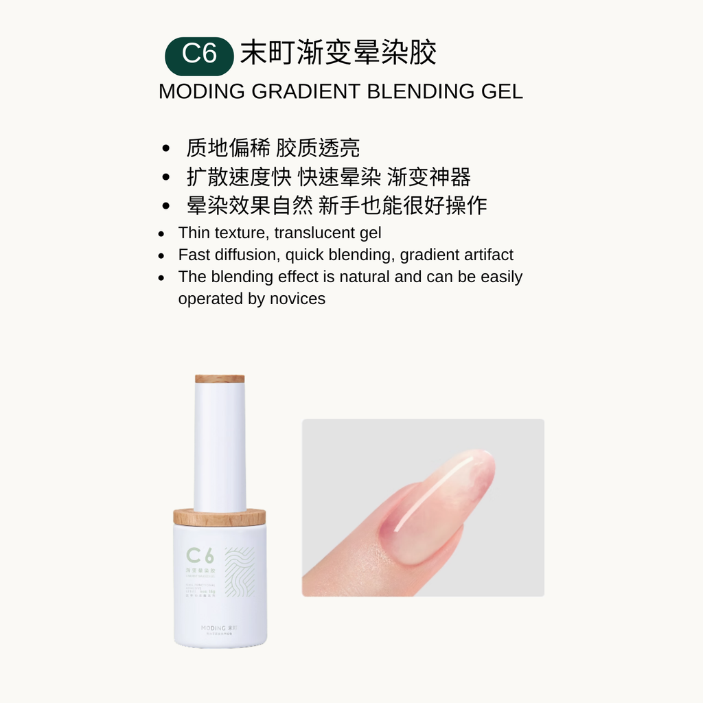 Moding C6 Gradient Blending Gel — thin, translucent gel with fast diffusion for smooth, natural gradient effects. Easy to use, perfect for beginners.