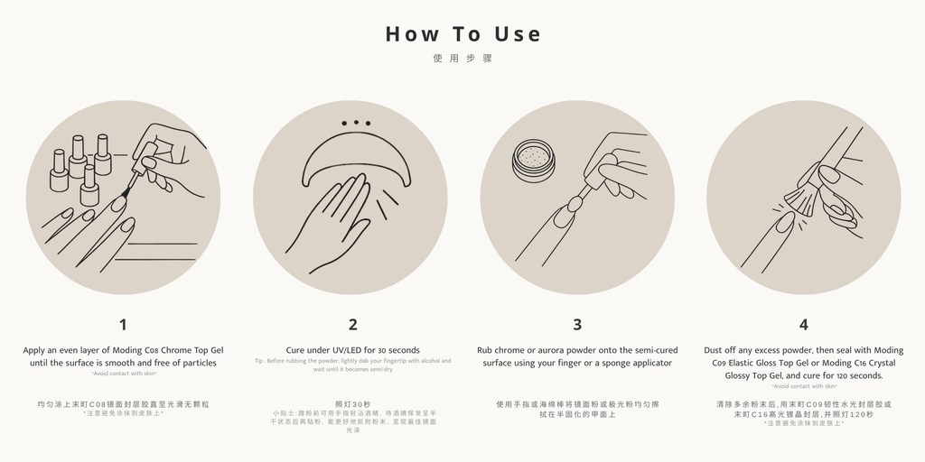 Step-by-step guide on how to use a chrome or jeweled powder application method.