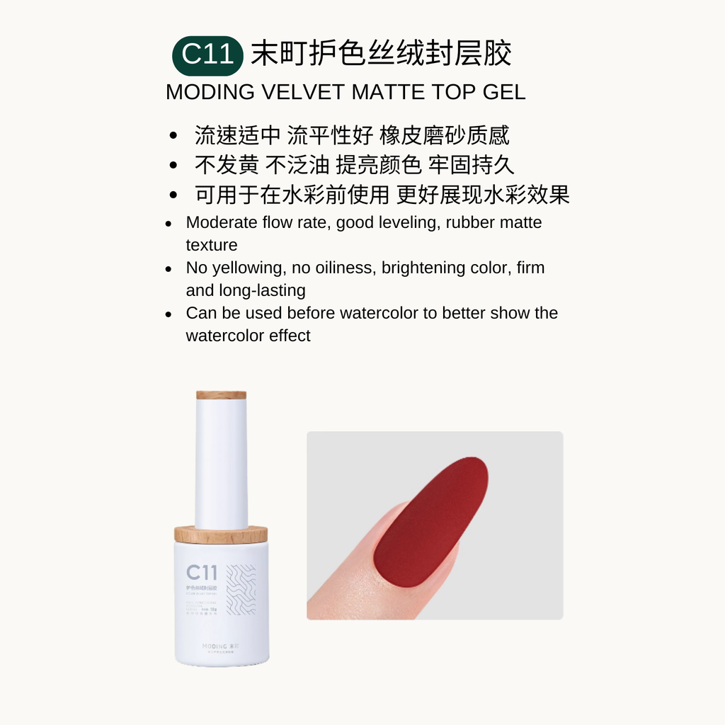 Moding C11 Velvet Matte Top Gel — smooth, rubber-textured matte top coat with no yellowing or oiliness. Enhances color and ideal for watercolor nail art.