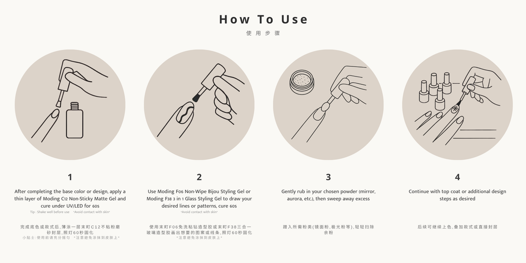 Step-by-step guide on how to use a nail art product with line drawings of hands performing actions.