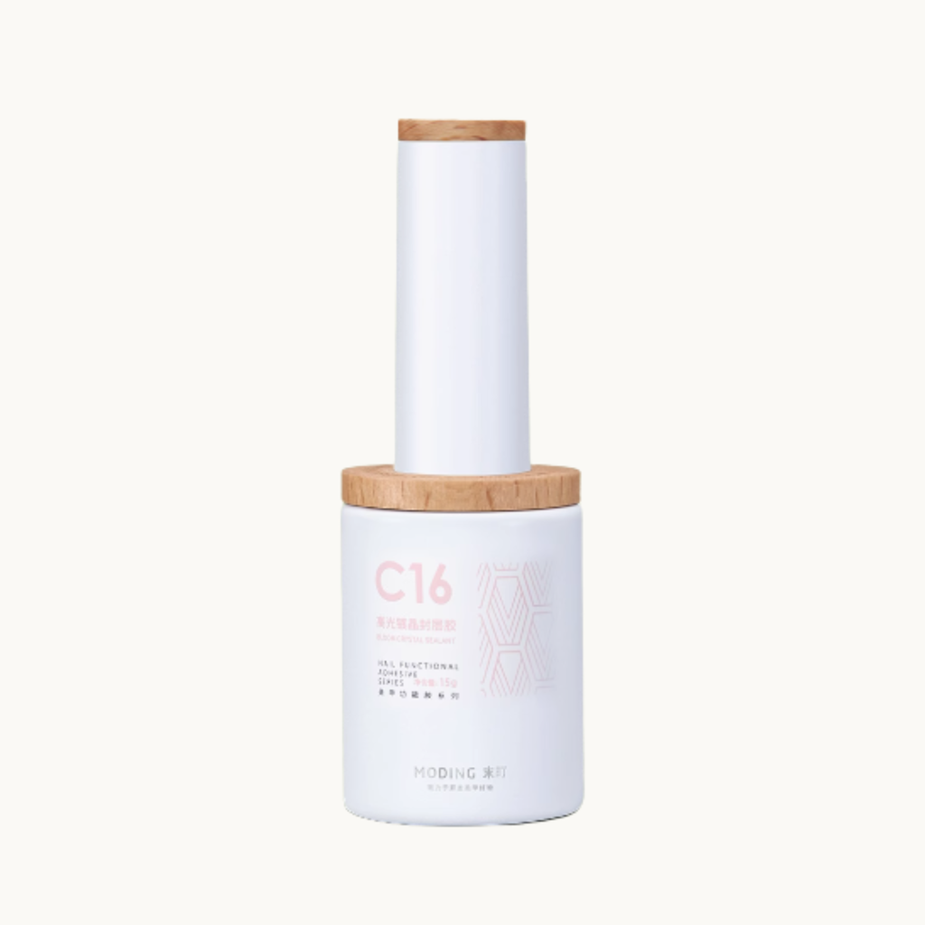 moding c16 crystal gloss top nail gel bottle with wooden cap on white background