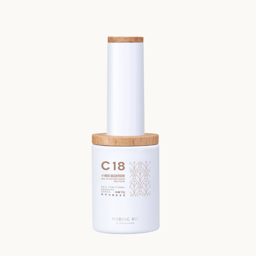 moding c18 detail liner top nail gel bottle with wooden cap on white background