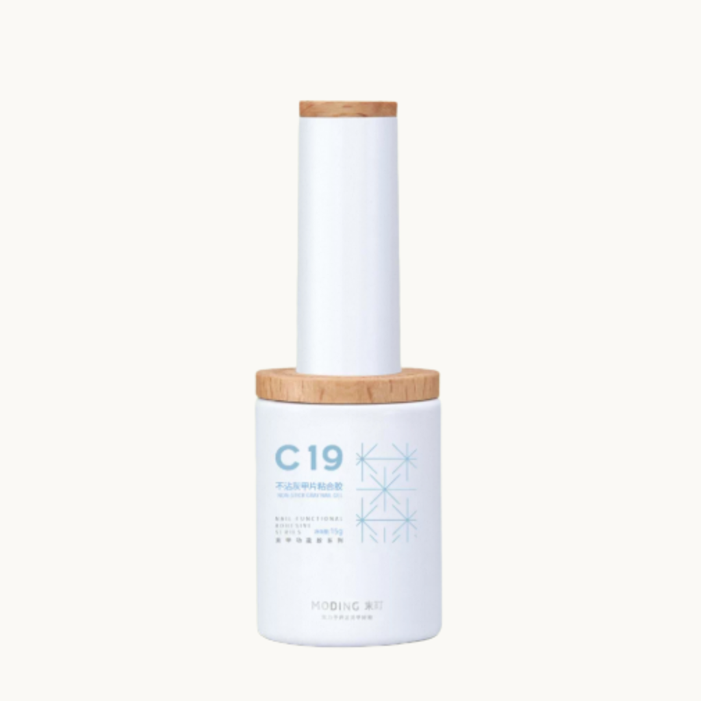 moding c19 anti-dust adhesive nail gel bottle with wooden cap on white background