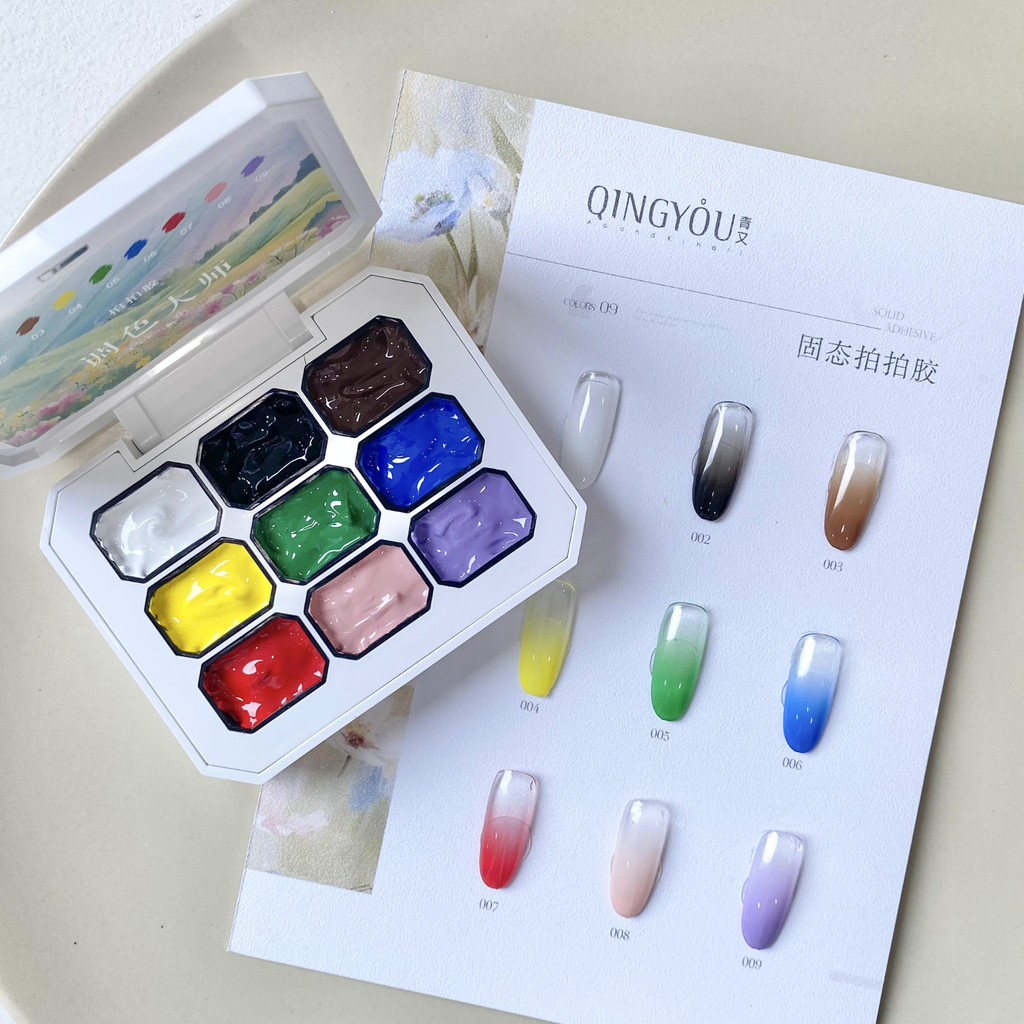 QINGYOU 9-grid primary color mixing solid papat gel palette with color swatches