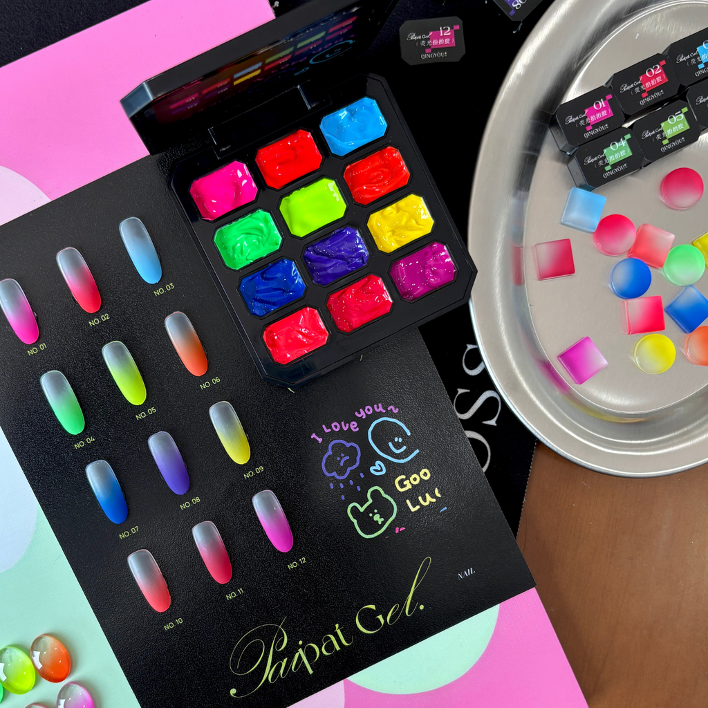 QINGYOU neon 9-grid pat gel palette with vivid gradient color chart for DIY nail art