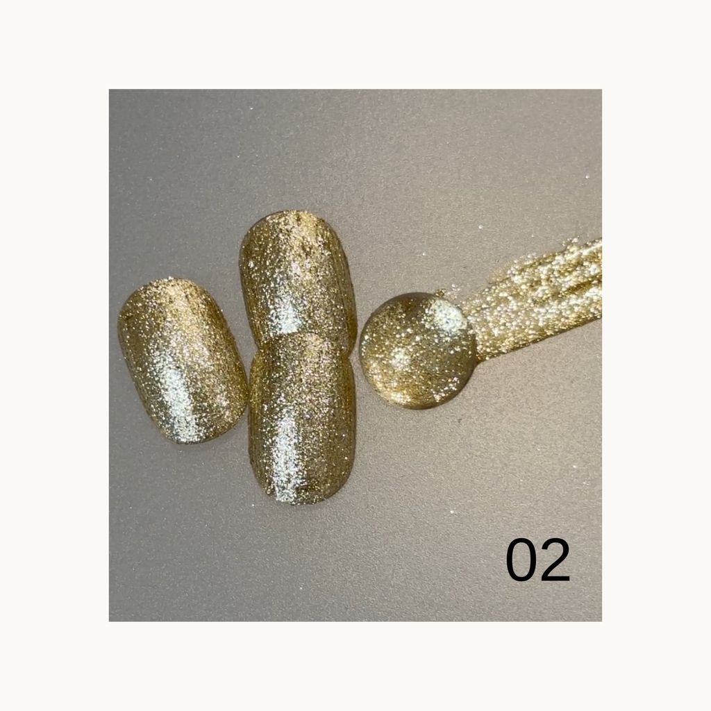 qingyou bright gold glitter gel nail sample with high-shine metallic sparkle
