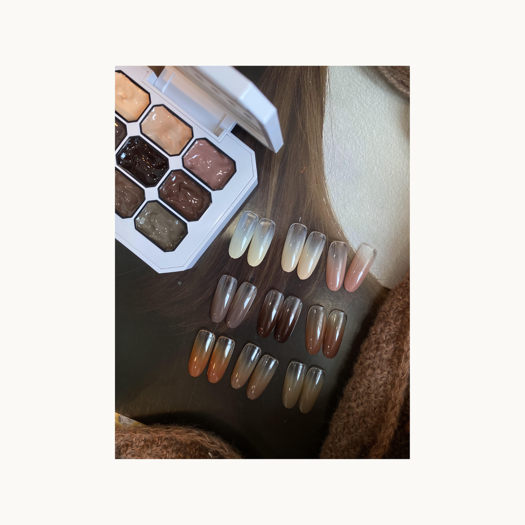 QINGYOU Caramel Cocoa palette showing warm brown gradient nail designs and solid gel colors