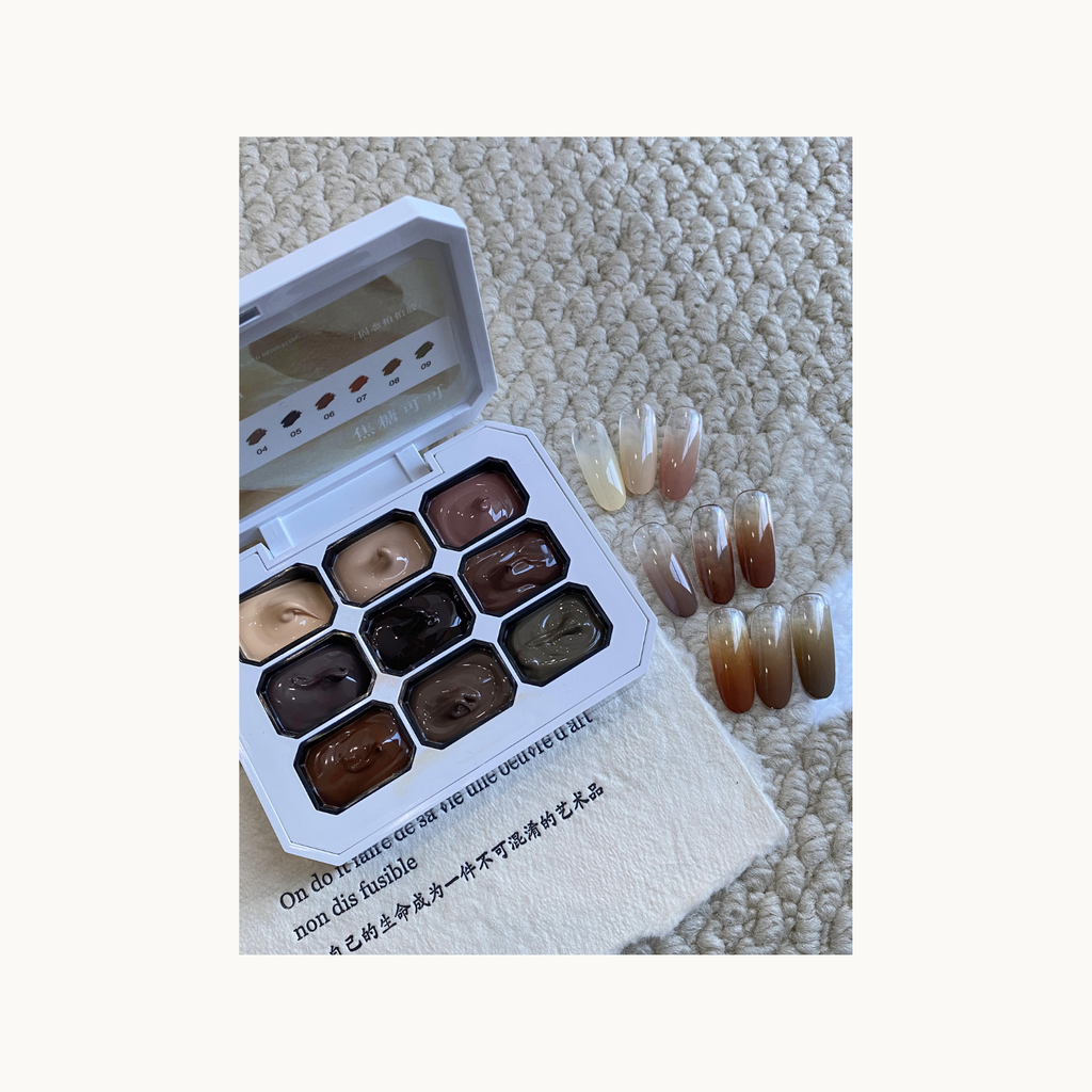 Caramel Cocoa 9-grid brown gel polish palette with natural nude-to-brown ombré nail samples