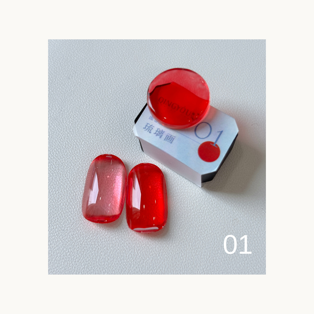 QINGYOU Cube Glass Jelly Painting Gel 01 Red translucent glass-effect color swatch with cube and nail tips