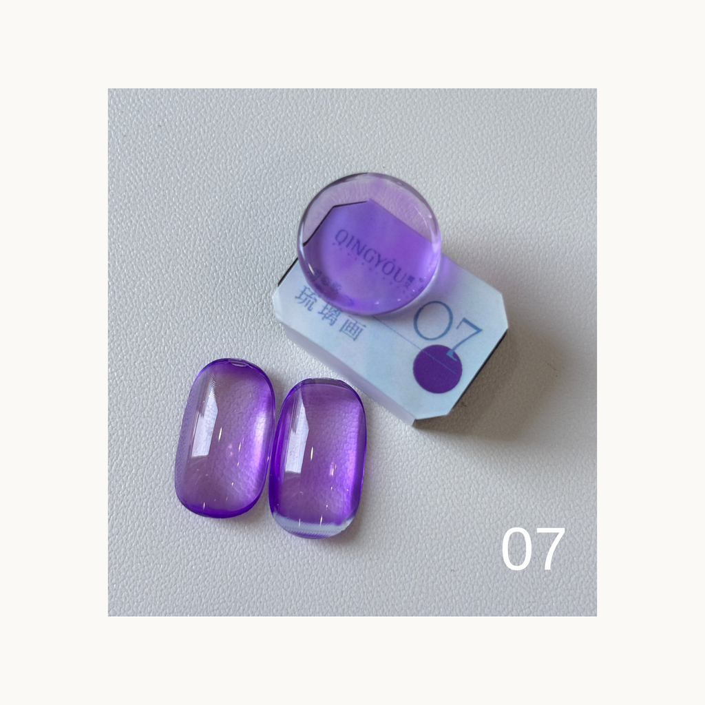 QINGYOU Cube Glass Jelly Painting Gel 07 Purple translucent glass-effect color swatch with cube and nail tips