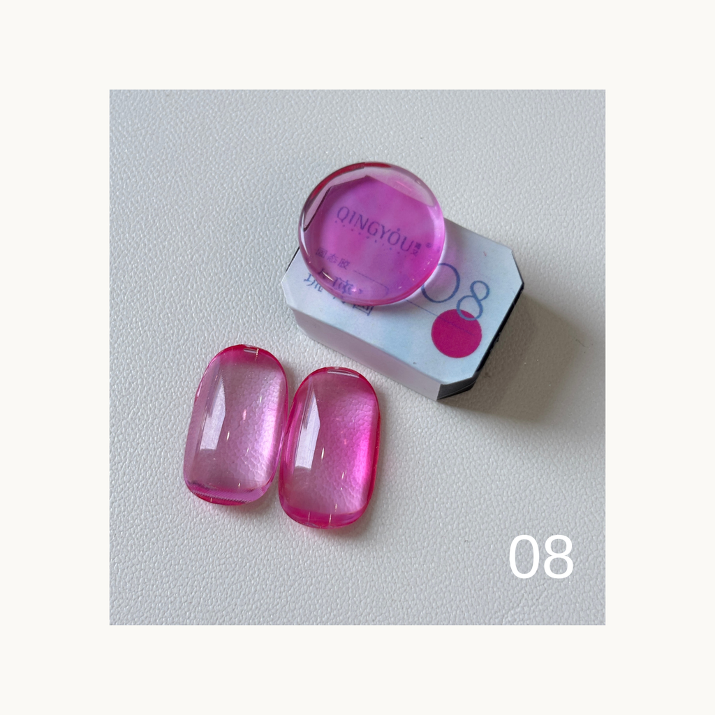 QINGYOU Cube Glass Jelly Painting Gel 08 Pink translucent glass-effect color swatch with cube and nail tips