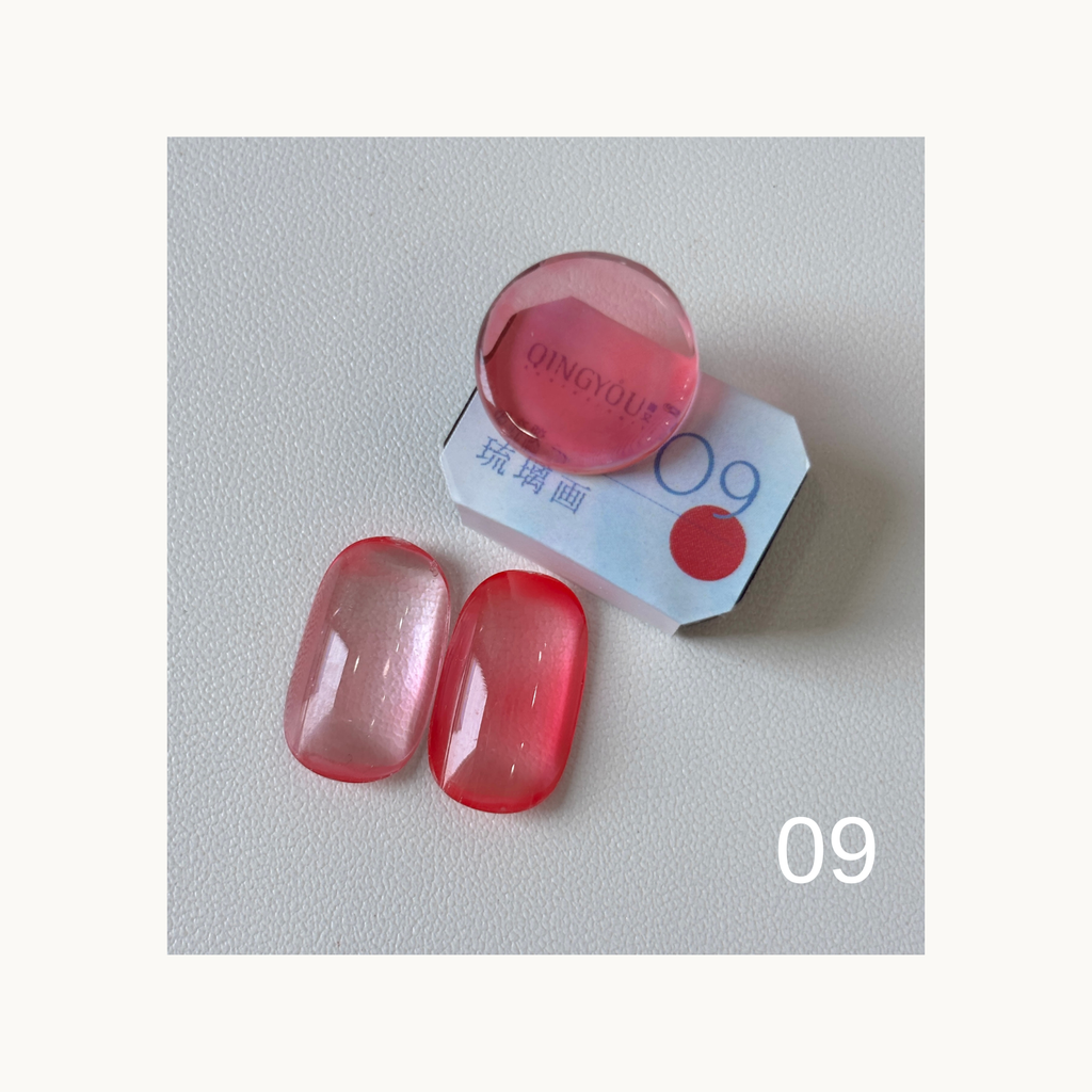 QINGYOU Cube Glass Jelly Painting Gel 09 Rose-pink translucent glass-effect color swatch with cube and nail tips