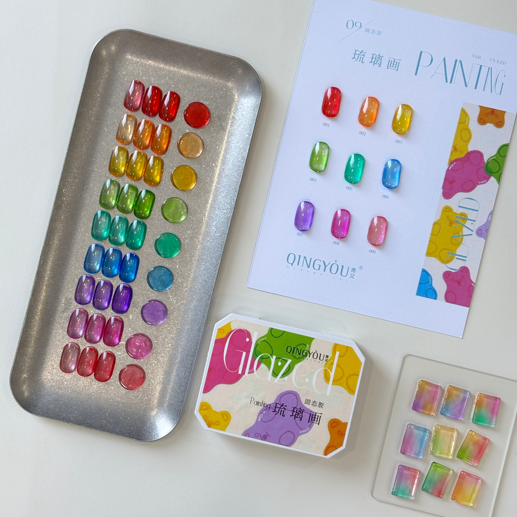QINGYOU glazed painting gel 9-color palette with jelly translucent swatches and color chart for nail art