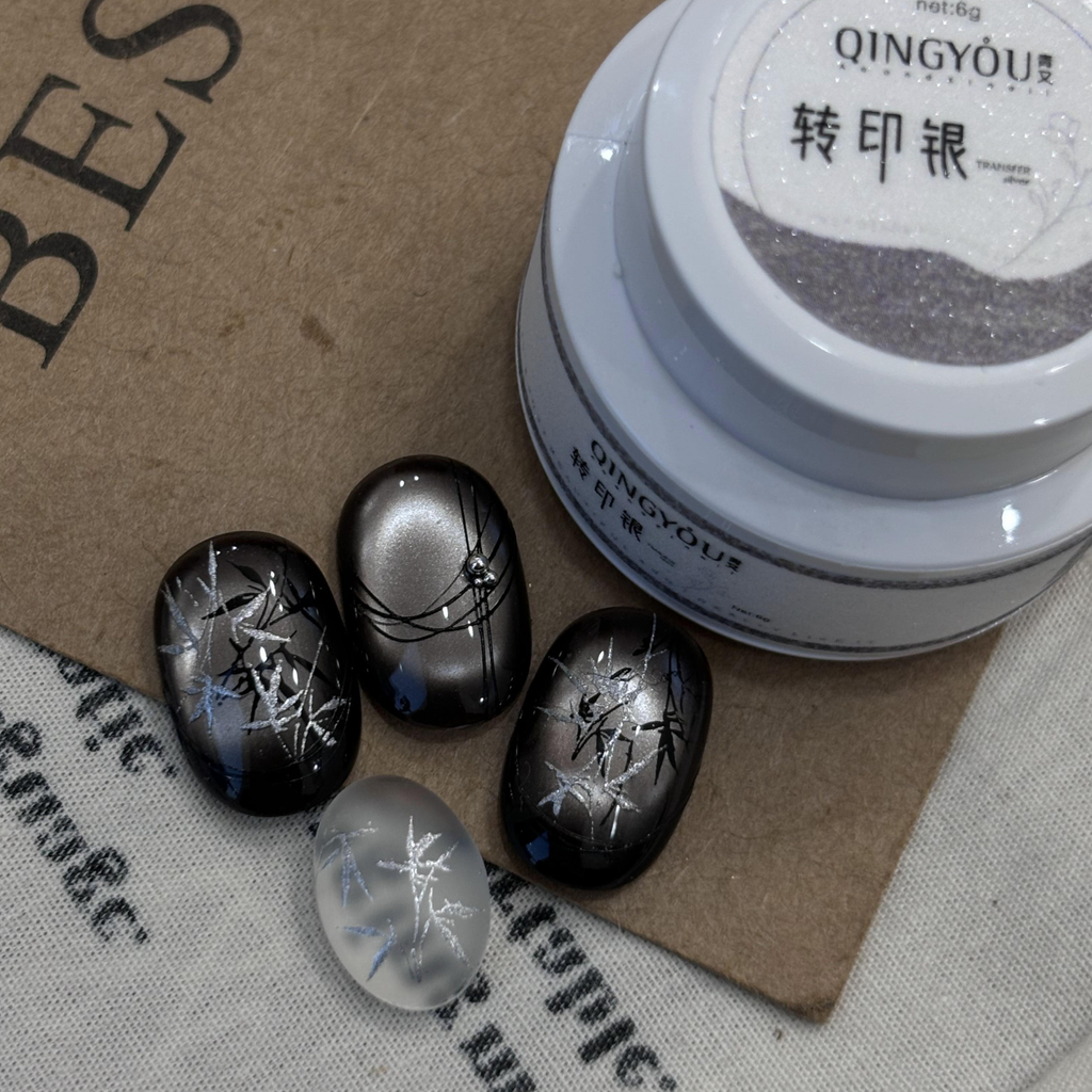 Elegant vintage floral stamped nail designs created with QingYou gold transfer gel on neutral matte bases.