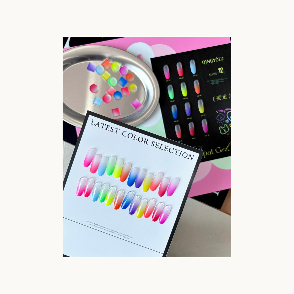 QINGYOU neon gel ombre nail sample board showing vibrant gradient color designs