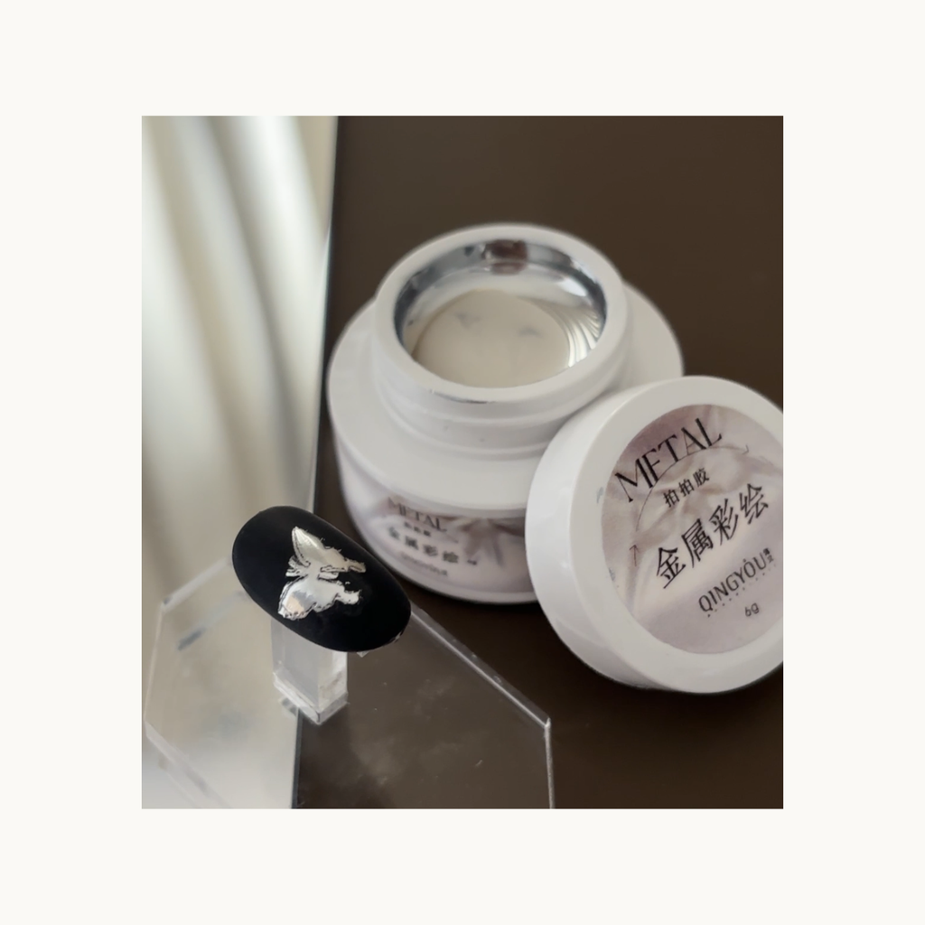 3D embossed angel nail art made using QingYou silver metal gel on matte black base