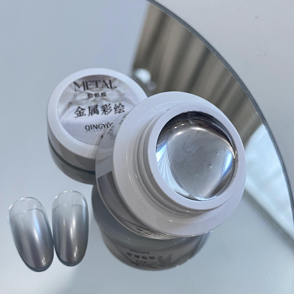 Silver chrome metal gel with two nail swatches showing strong mirror reflection effect