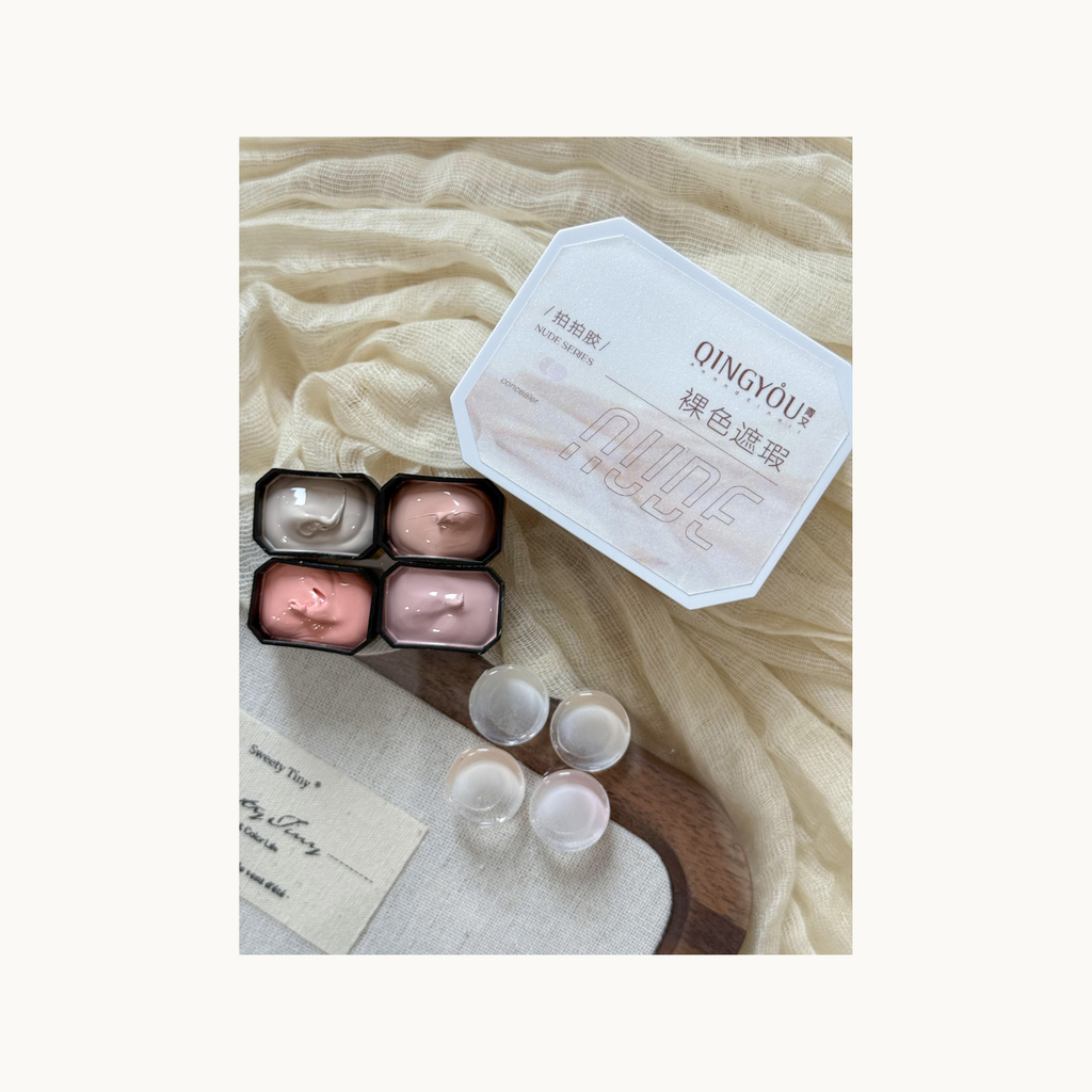 Nude gradient nail swatches created using QINGYOU 4-grid nude concealer gel palette