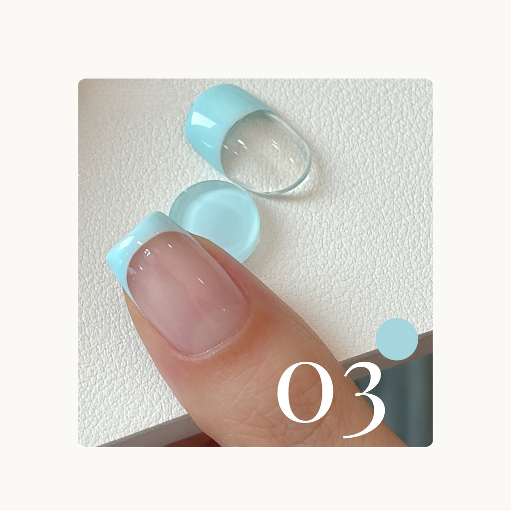 Pastel sky blue French tip gel swatch from QINGYOU One Stroke Gel series with glossy finish.