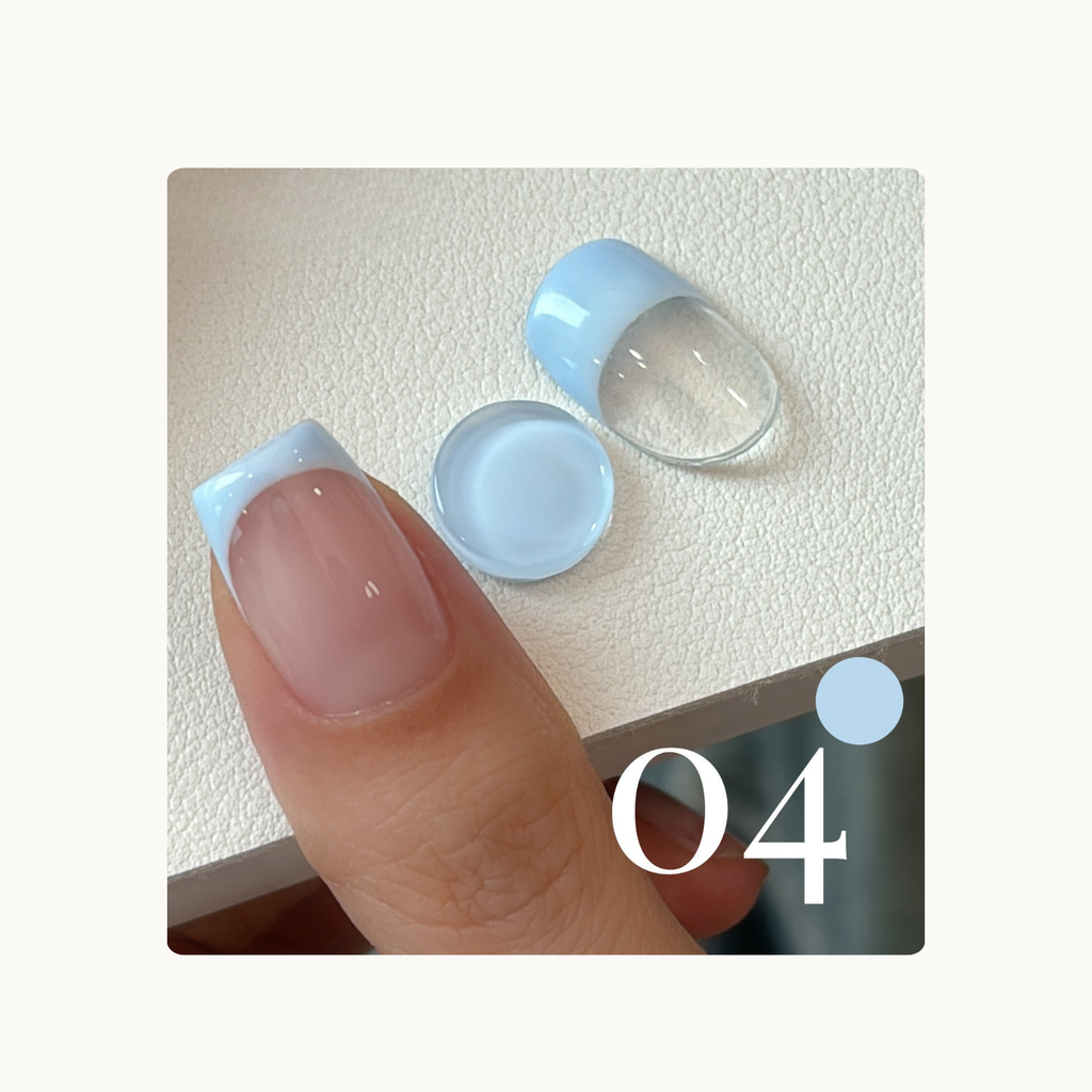 Baby blue French tip gel nail sample from QINGYOU One Stroke Gel, smooth full-coverage color.