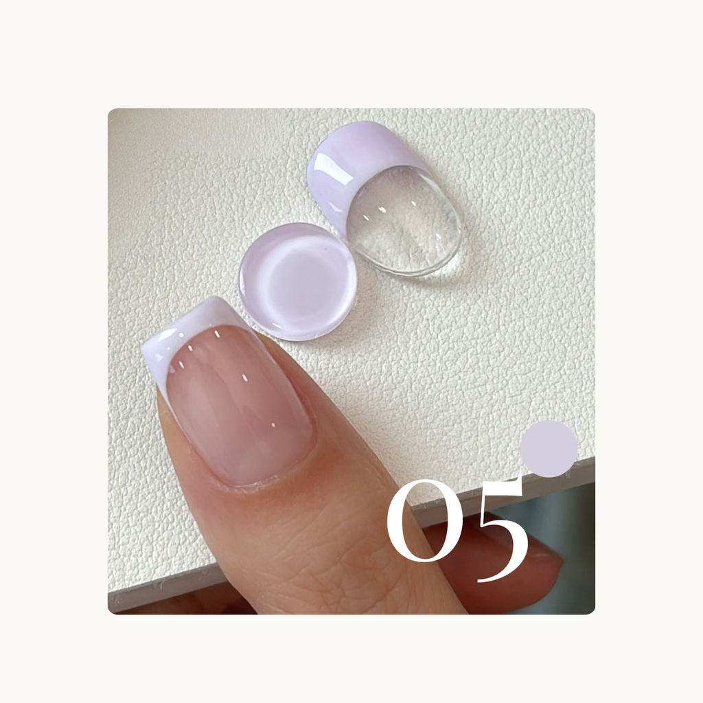 Soft lilac French tip gel swatch from QINGYOU One Stroke Gel, featuring smooth one-stroke application.