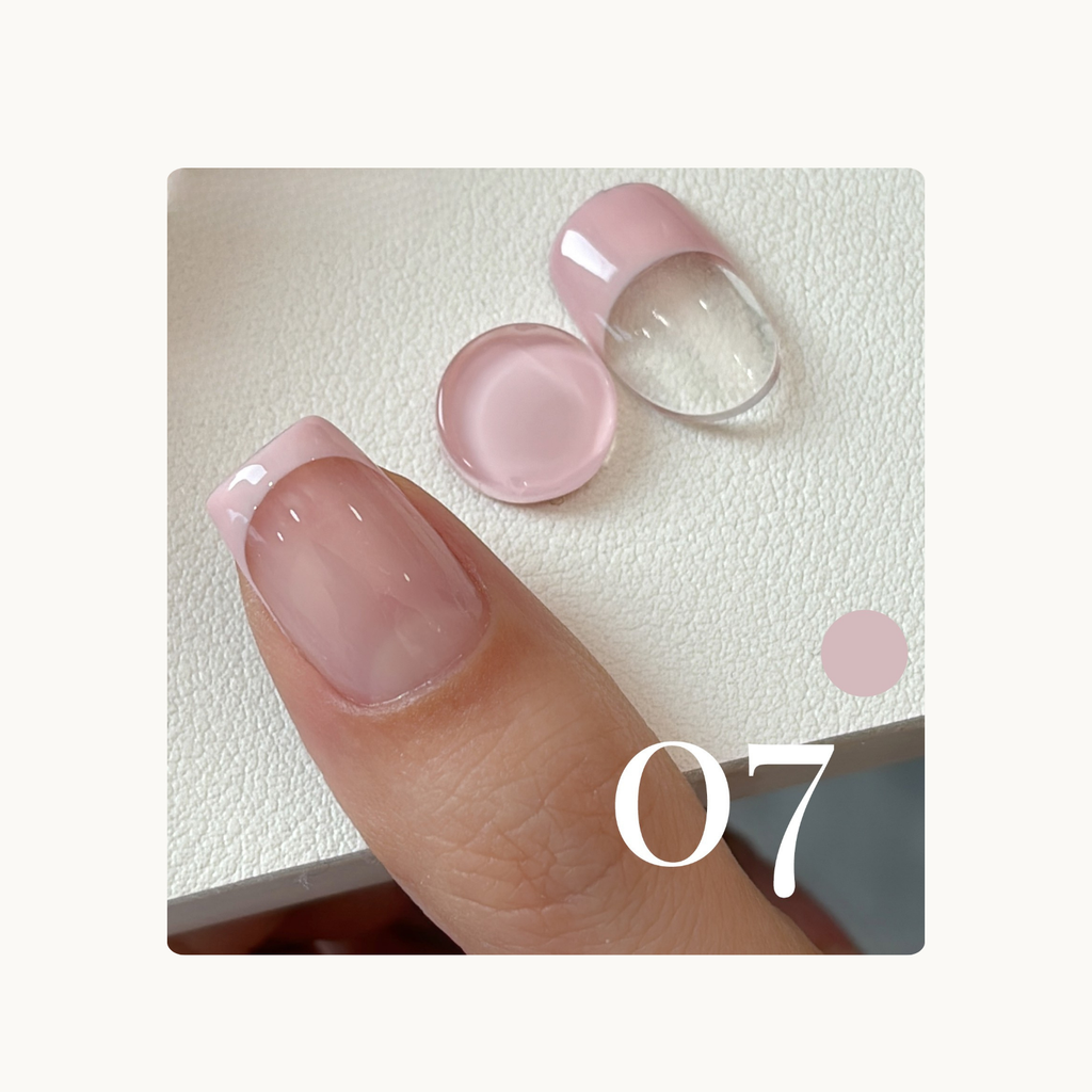 Soft rose-pink French tip gel swatch from QINGYOU One Stroke Gel, ideal for natural French looks.