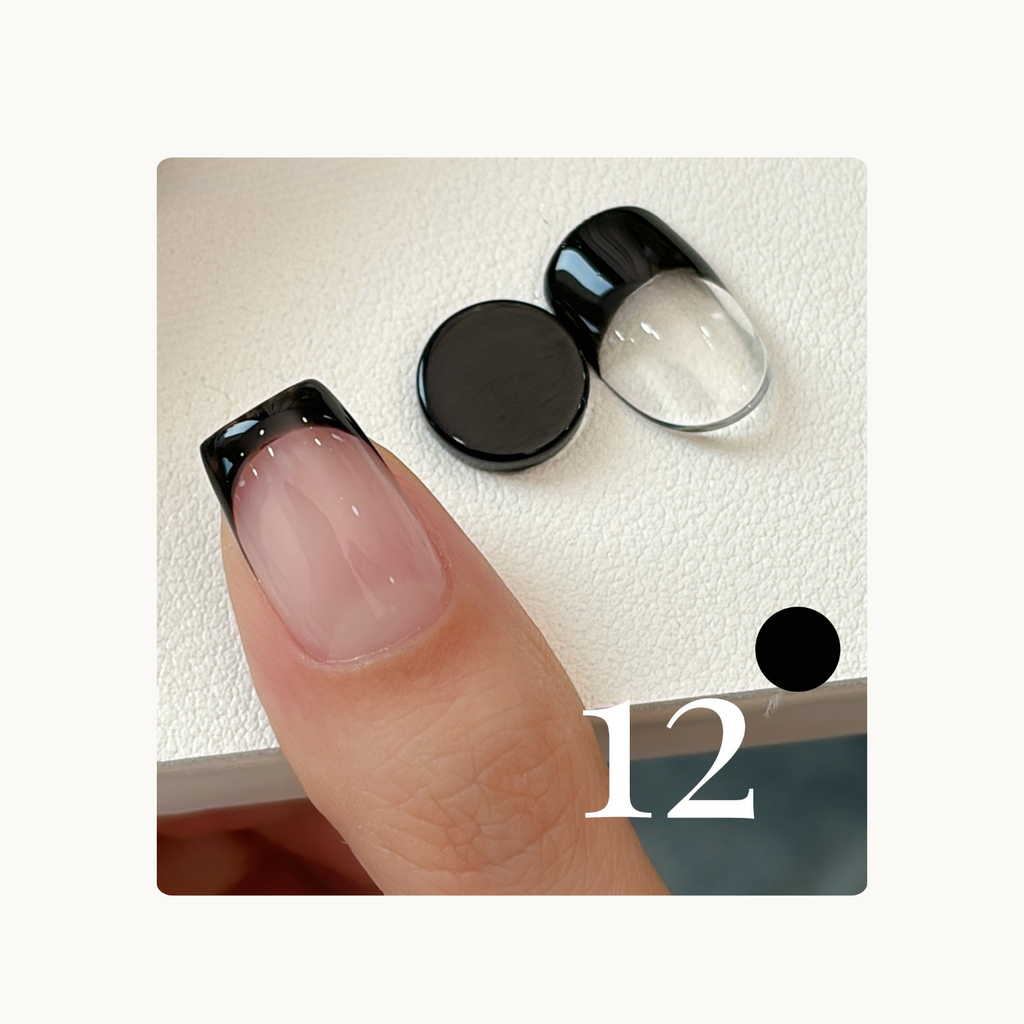 QingYou One Stroke Gel shade 12 Midnight Black shown on nail sample with glossy black French tip