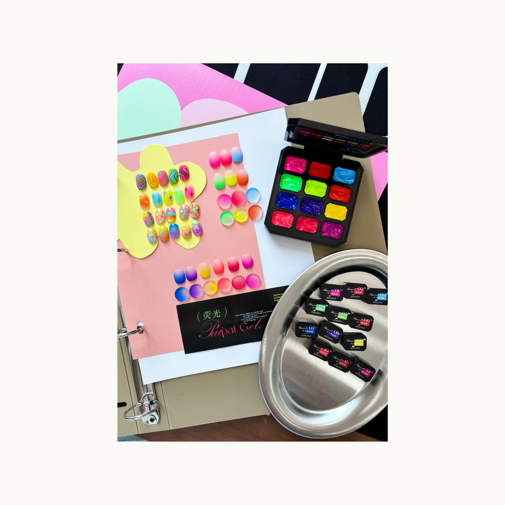 QINGYOU pat gel neon nail art display with colorful cartoon and gradient nail samples