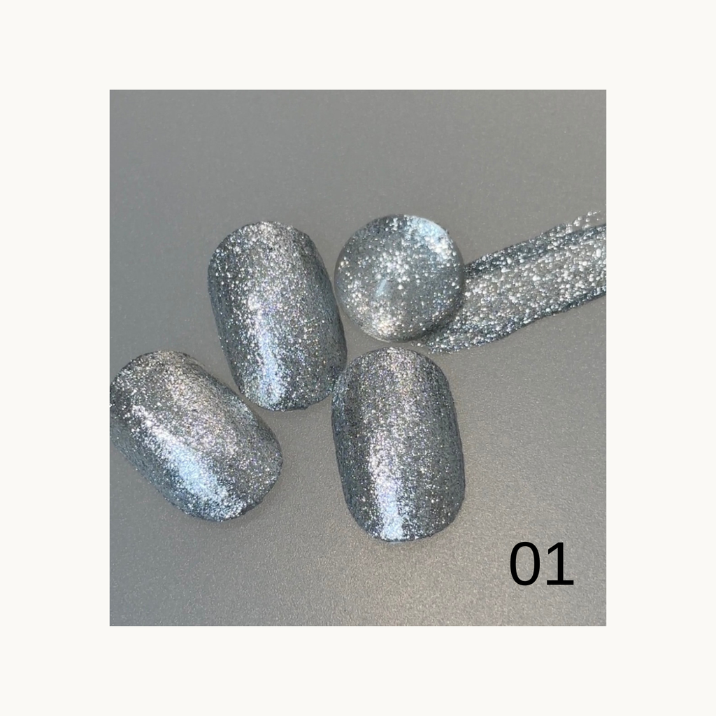 qingyou shimmering platinum silver gel nail swatch with dense glitter shine
