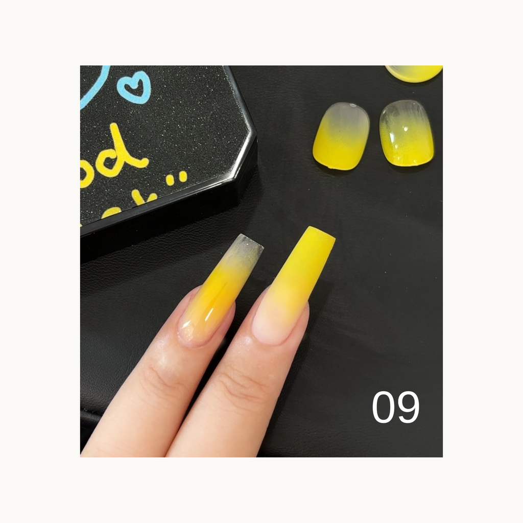 Bright yellow ombre gradient pop gel nail sample with warm earthy fade – Shade 09