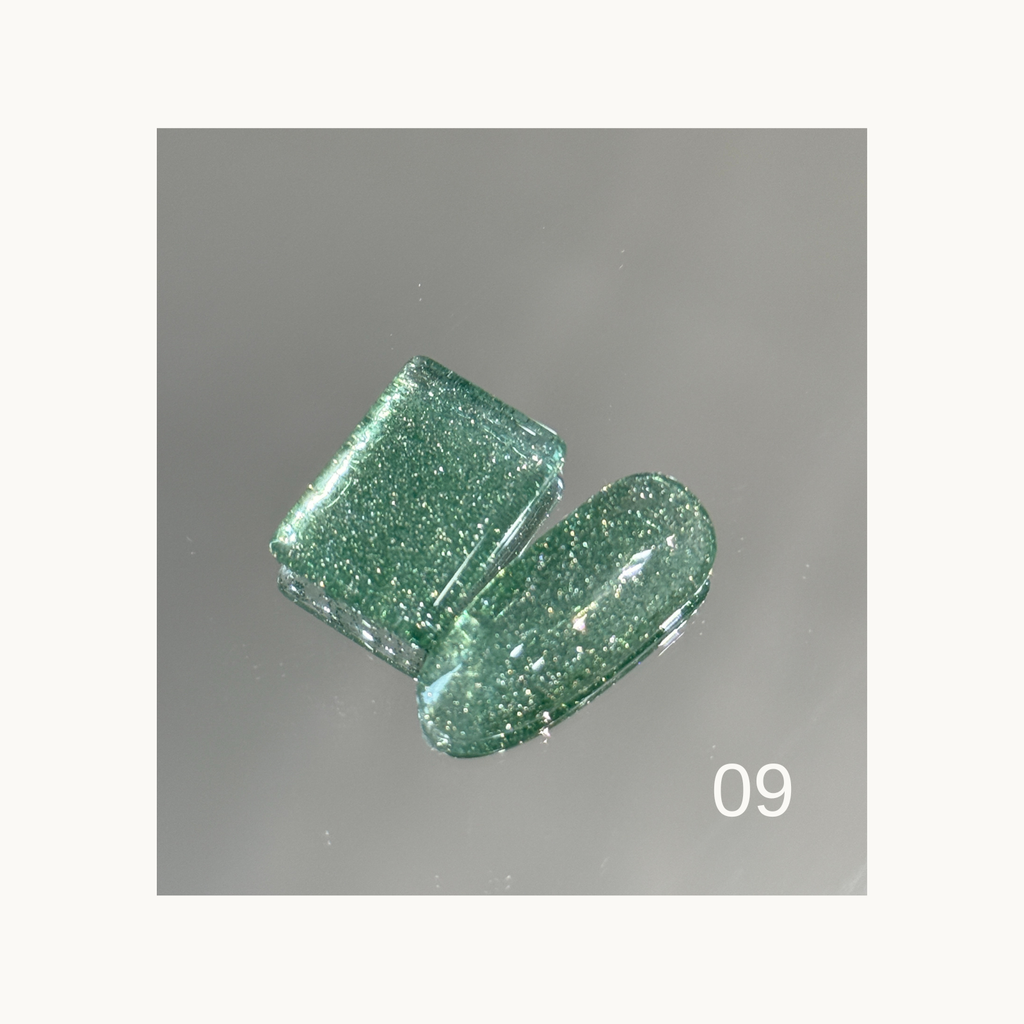 Qingyou Rainbow Glitter 09 green sparkly nail gel swatch on display