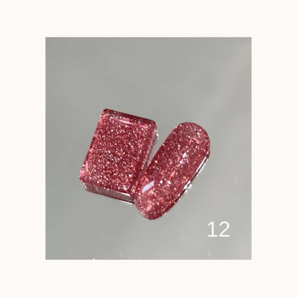 Qingyou Rainbow Glitter 12 rose red glitter nail gel swatch with bright sparkle