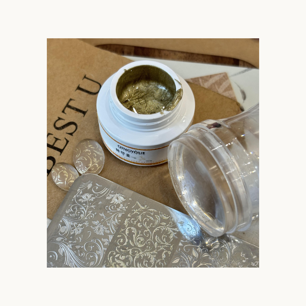 Smoky grey gradient nails with silver bamboo stamping created using QingYou silver transfer gel.