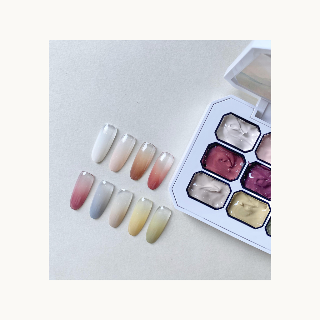 Qingyou Smoky Oolong 9-shade solid gel set showing nude, gray, yellow gradient nail samples