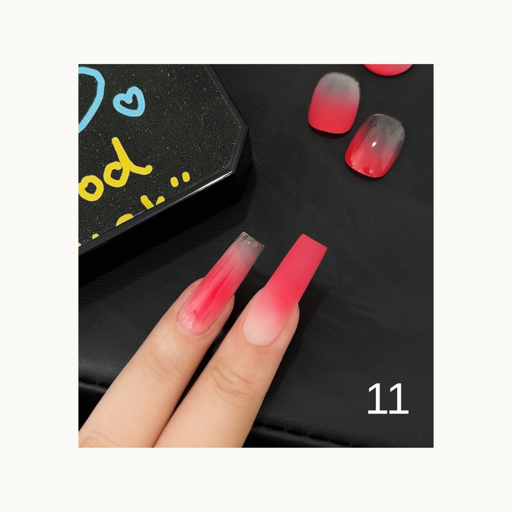Qingyou solid tap gel shade 11 red ombre swatch with long coffin nail demo
